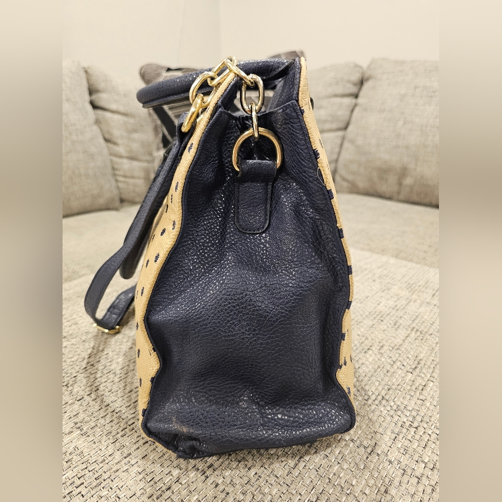 Tan & navy satchel top handle adjustable crossbody versatile purse bag - Picture 6 of 8